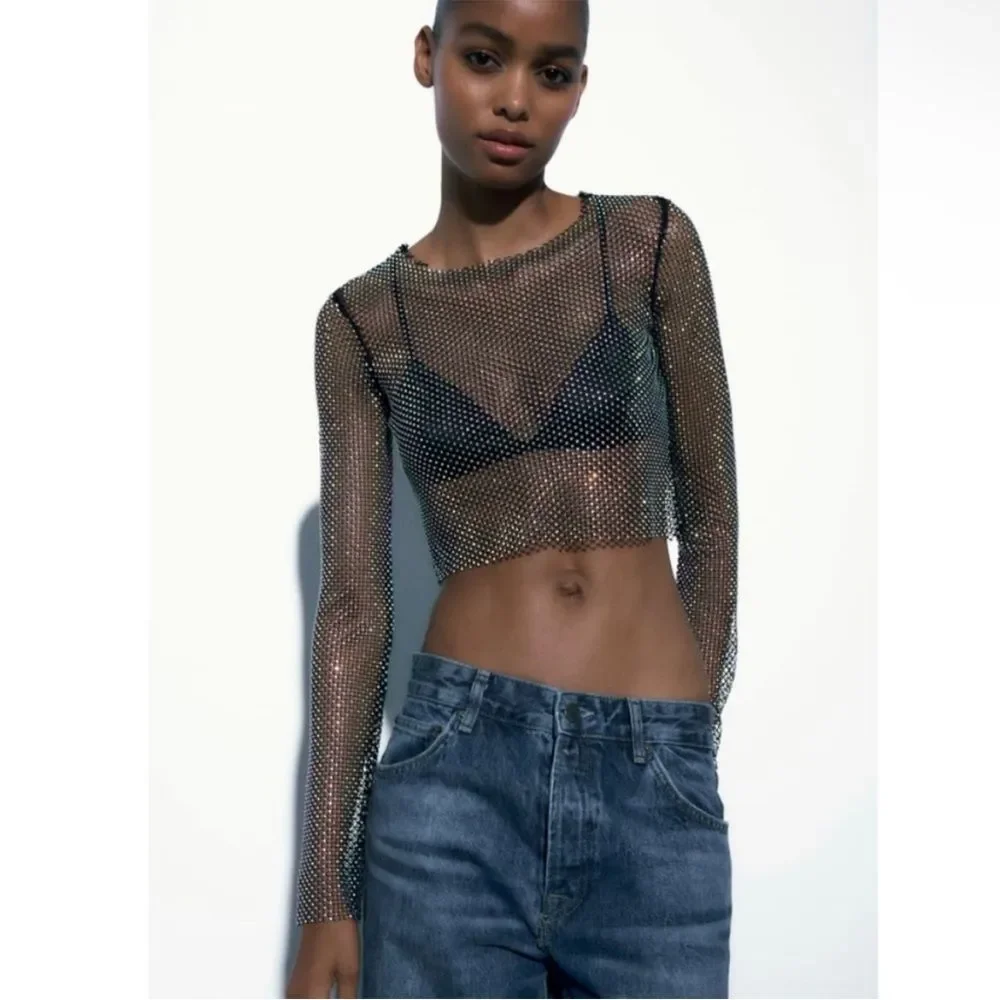 Zara SHIMMER MESH CROP TOP Black 2712/316/186/009